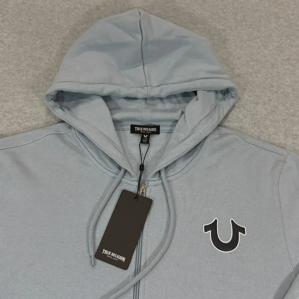 True Religion Men's OBB Full Zip Hoodie Dusty Blue Fleece Sweatshirt Large L NWT